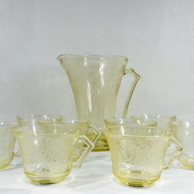 YELLOW GLASS PITCHER AND CUPS