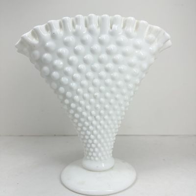 HOBNAIL MILK GLASS FAN VASE MID-CENTURY