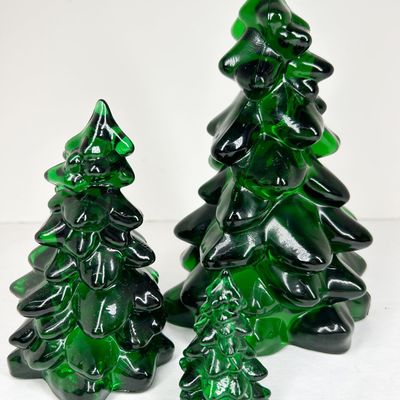 MOSSER TRIO OF MOLDED GREEN GLASS TREES