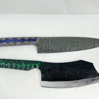 TWO CUSTOM DAMASCUS AND TOOL STEEL KNIVES
