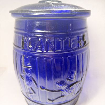 PLANTERS COBALT BLUE GLASS BARREL JAR