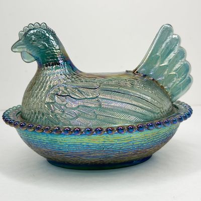 INDIANA IRIDESCENT BLUE GLASS HEN ON NEST