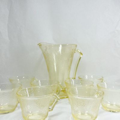 YELLOW DEPRESSION GLASS PITCHER AND CUPS