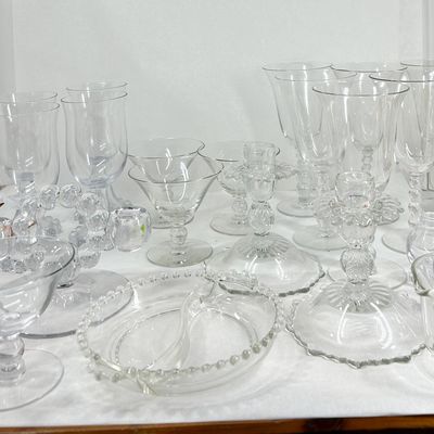 GROUP OF BEADED AND BALL-STEM CLEAR GLASSWARE