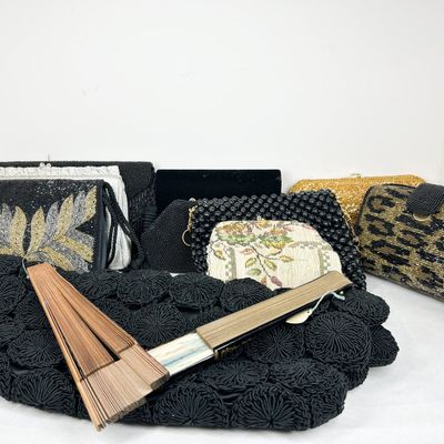 VINTAGE BEADED EVENING BAGS AND FANS