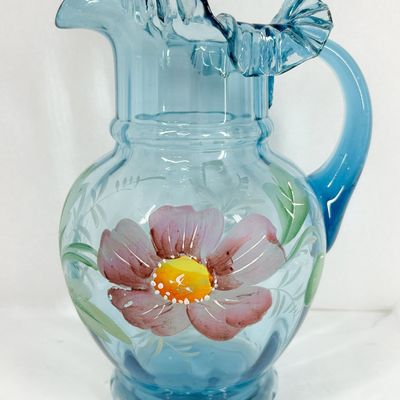 VICTORIAN HAND PAINTED BLUE GLASS PITCHER