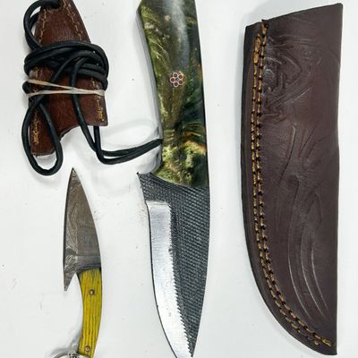 DAMASCUS TWO STEEL UTILITY KNIVES AND SHEATHS