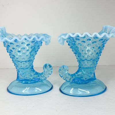 PAIR OF BLUE OPALESCENT HOBNAIL CORNUCOPIA VASES