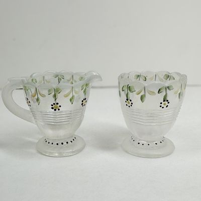 HAND-PAINTED FROSTED GLASS CREAMER AND SUGAR