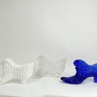 TRIO OF GLASS CAT HEAD SLIPPERS