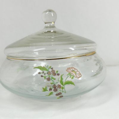 VINTAGE ENAMELED GLASS COVERED CANDY DISH