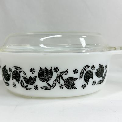 PYREX BLACK TULIP MILK GLASS CASSEROLE