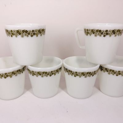 PYREX SPRING BLOSSOM GREEN MILK GLASS MUGS