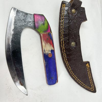 DAMASCUS CRESCENT BLADE SKINNING KNIFE WITH LEATHER SHEATH