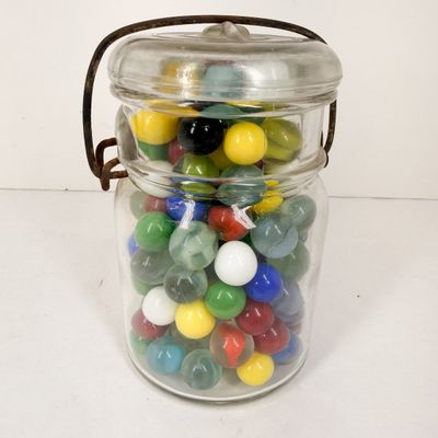 BALL GLASS JAR AND ASSORTED MARBLES