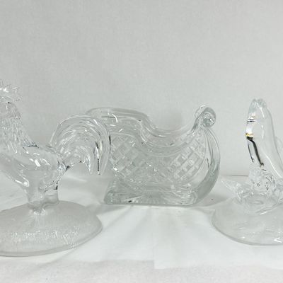 THREE CLEAR GLASS FIGURINES AND DISH