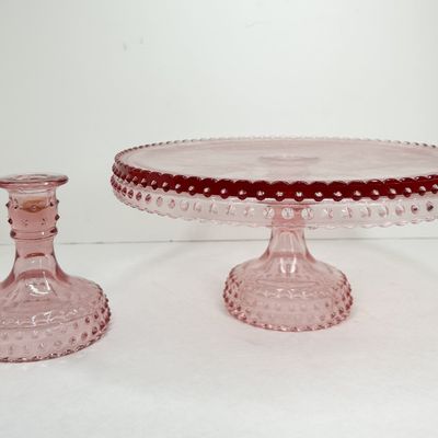 PINK HOBNAIL GLASS CAKE SET