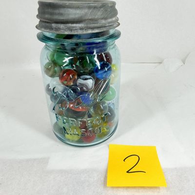 BALL GLASS MASON JAR WITH MARBLES