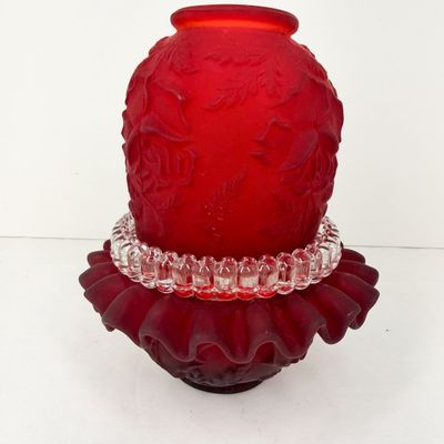 FOUR PIECE CASED RUBY SATIN GLASS FAIRY LAMP