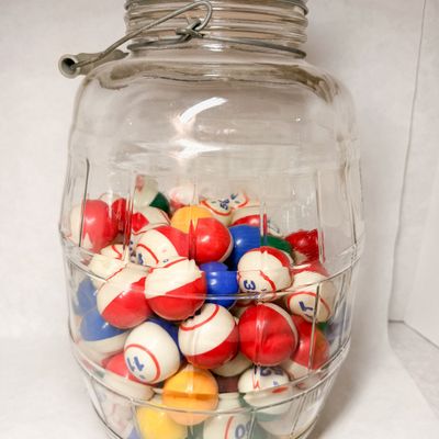 GLASS PICKLE JAR WITH BINGO BALLS