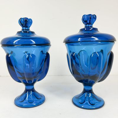 PAIR OF COBALT BLUE GLASS CANDY JARS