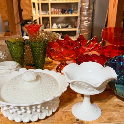 Fenton glass • Hobnail glass • Uranium glass • Satin glass • Colored art glass in blues, greens, amber, ruby & carnival tones •...