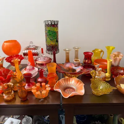 Fenton glass • Hobnail glass • Uranium glass • Satin glass • Colored art glass in blues, greens, amber, ruby & carnival tones •...