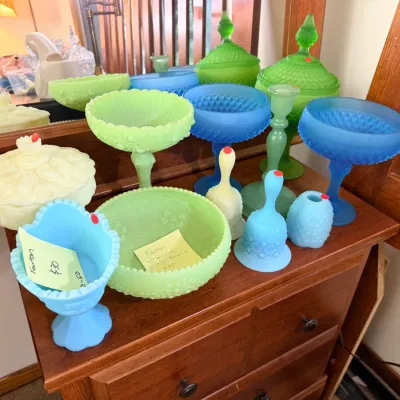 Fenton glass • Hobnail glass • Uranium glass • Satin glass • Colored art glass in blues, greens, amber, ruby & carnival tones •...