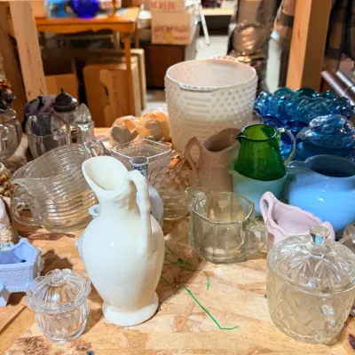 Fenton glass • Hobnail glass • Uranium glass • Satin glass • Colored art glass in blues, greens, amber, ruby & carnival tones •...
