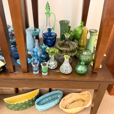 Fenton glass • Hobnail glass • Uranium glass • Satin glass • Colored art glass in blues, greens, amber, ruby & carnival tones •...
