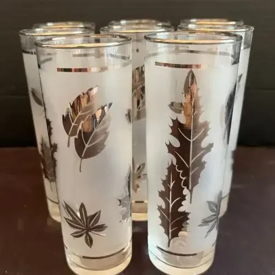 8 Vintage MCM Libbey Frosted Silver Leaf Highball Glasses