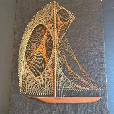 Vtg Mid-Century Copper Wire Wood & String Art Sail Boat 