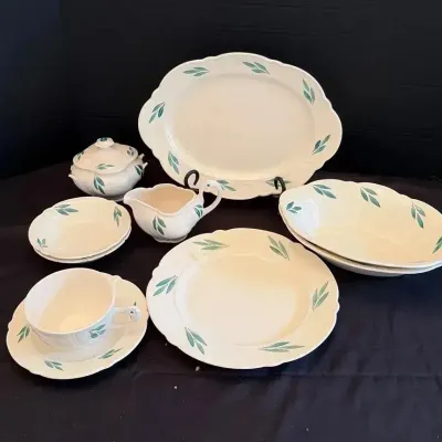 Taylor, Smith & Taylor “Green Leaf” China Set Inc Creamer, Sugar & Serving Dishes