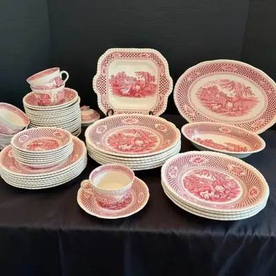 W. Adams & Sons Red “Old English Rural Scenes” Ironstone 