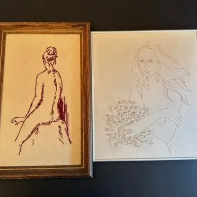 2 Vintage Embroidery Crewel Nudes Framed 