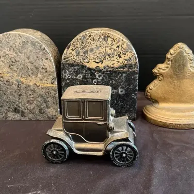 Fossil Stone Bookends, Cast Iron Door Stop & Metal Car Bank