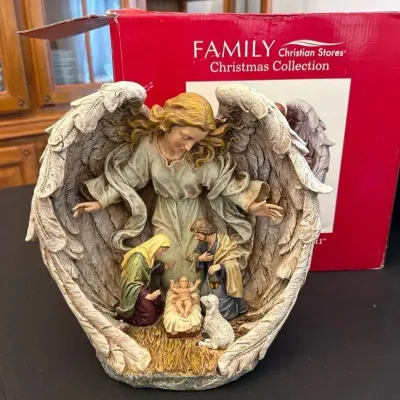 Manger Holy Family & Guardian Angel Figurine w/Jesus Mary Joseph