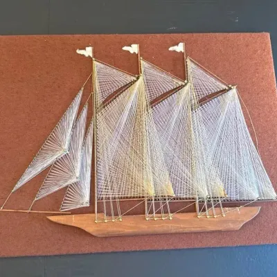 Vintage MCM Ship String Art & Wood Sail Boat 