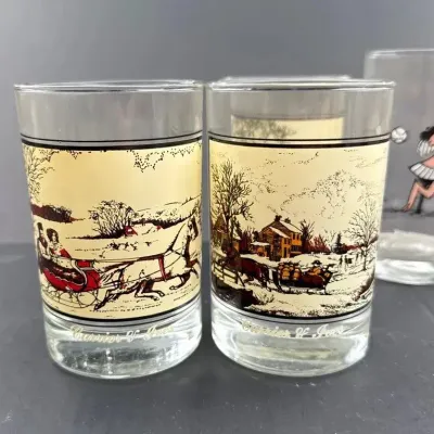 Vintage Currier & Ives glasses & 1  Arbys Ice Age collectors glass