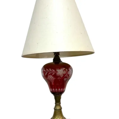 Sale Photo Thumbnail #222: CRANBERRY BOHEMIAN ETCHED GLASS MARBLE BASE LAMP