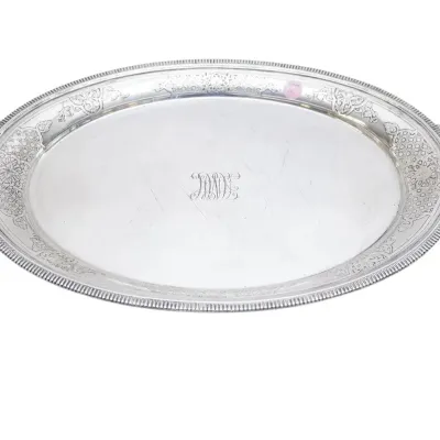 Sale Photo Thumbnail #2: Antique Art Nouveau Ornate Gorham Sterling Silver Tray. Retailed at J.C. Grogan & Co. Jewelers and Silversmiths. Monogrammed. Measures 20 1/2"x12"x1 1/2". Approximate silver weight 1380 grams. Provenance:16 Water Street, a beautifully appointed home, circ
