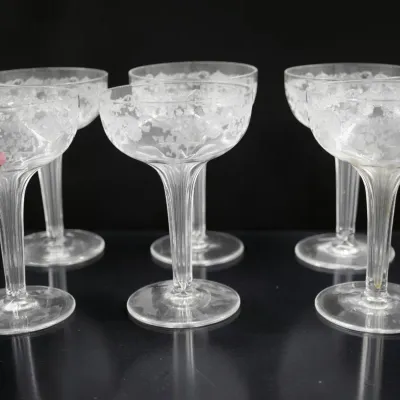 Sale Photo Thumbnail #273: 6 VINTAGE ETCHED TALL HOLLOW STEM CHAMPAGNES