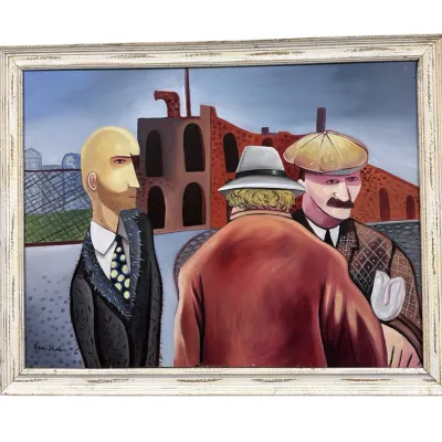 Sale Photo Thumbnail #69: AFTER BEN SHAHN OIL ON BOARD INDUSTRIAL CONVERSATION