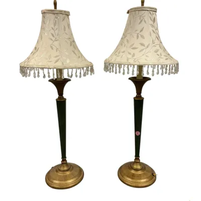 Sale Photo Thumbnail #117: PAIR VINTAGE SAGE GREEN AND BRASS CANDLESTICK LAMPS