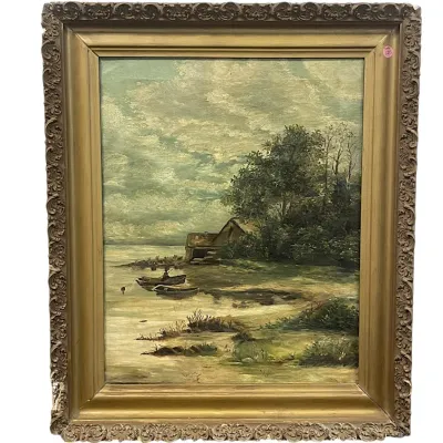 Sale Photo Thumbnail #146: 19th c OIL ON CANVAS BUCOLIC RIVERSIDE WITH BOATS
