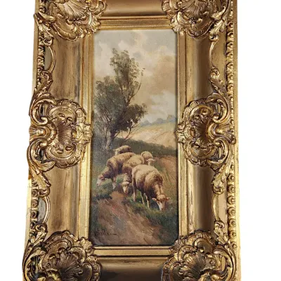 Sale Photo Thumbnail #123: 19th c OIL ON CANVAS PASTORAL SHEEP GRAZING J VITROLLA