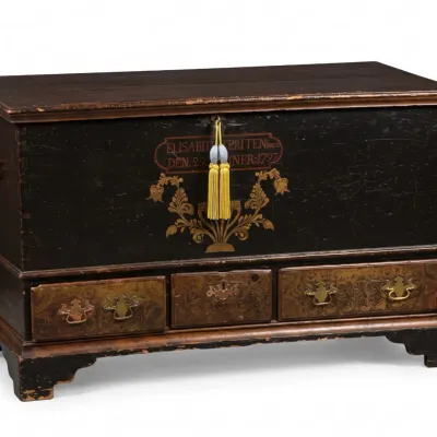 Sale Photo Thumbnail #197: ANTIQUE PAINT-DECORATED WEDDING CHEST 1797