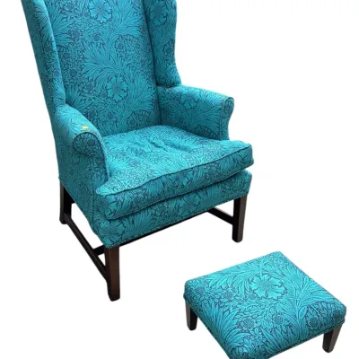 Sale Photo Thumbnail #225: WINGBACK CHAIR WITH MATCHING FOOTSTOOL TURQUOISE