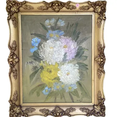 Sale Photo Thumbnail #164: MID CENTURY 1966 MUMS IMPASTO OIL PAINTING
