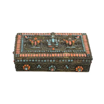 Sale Photo Thumbnail #247: ANTIQUE TIBETAN GILT AND STONE PRAYER BOX